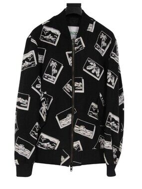Kenzo  Logo Bomber Jacket Small Palm Tree Mountain Double Zipper White Black